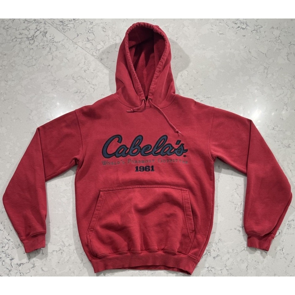 Cabelas Hoodie Pullover Mens Small Red Fleece Embroidered Logo Sweatshirt